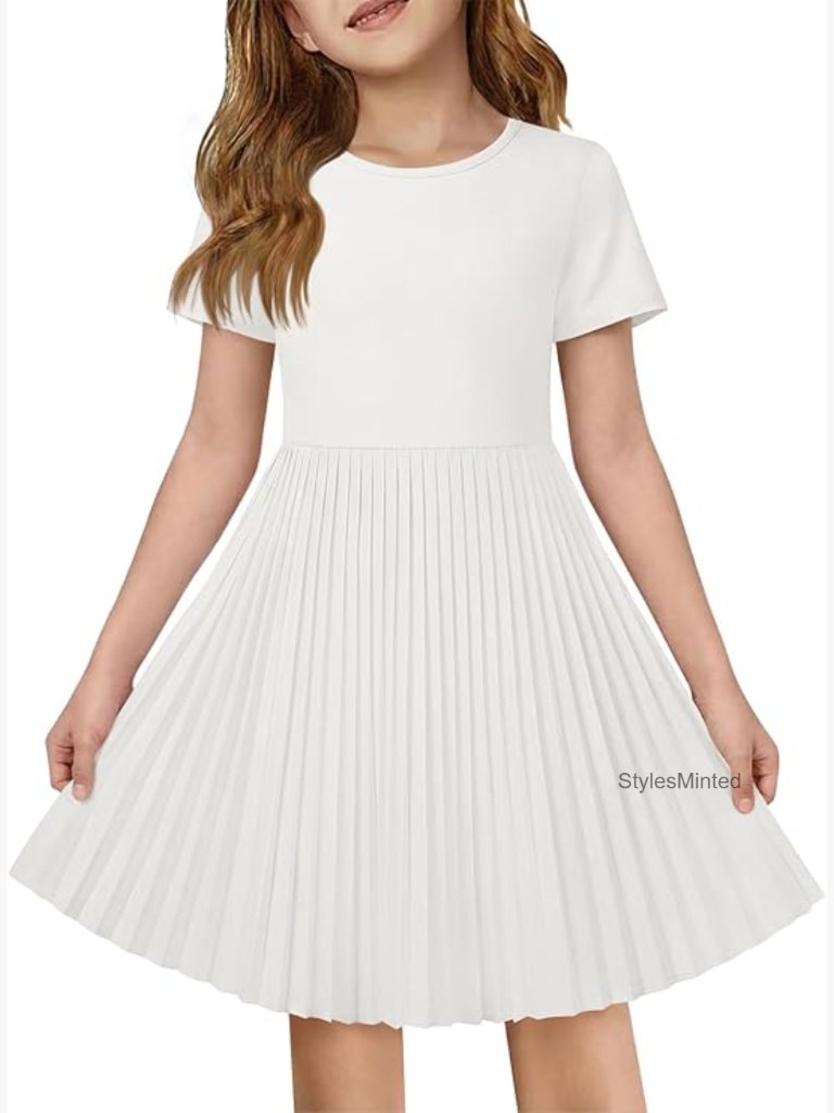 Girls Short Sleeve Skater Dress A-Line Pleated T-Shirt Dress 5-14
